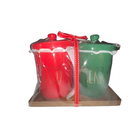 Rae Dunn Christmas Joy and Merry Canister Set with Wood Tray - Picture 1 of 8